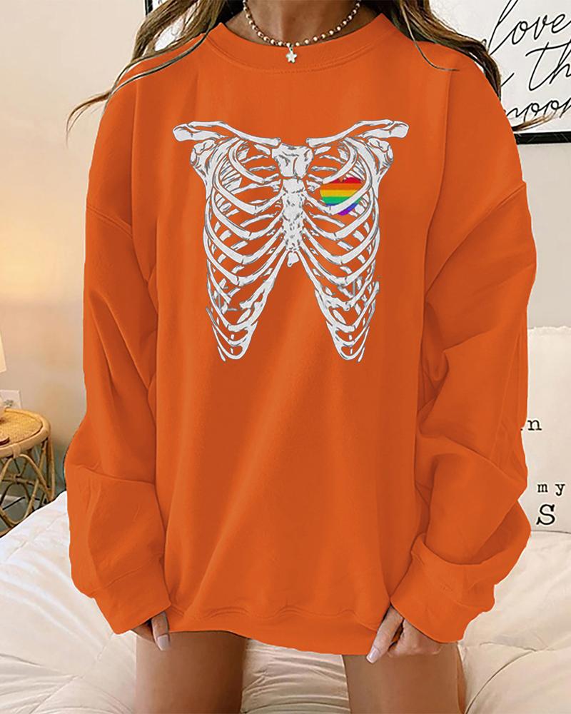 

Plus Size Halloween Skeleton Print Long Sleeve Sweatshirt, Orange