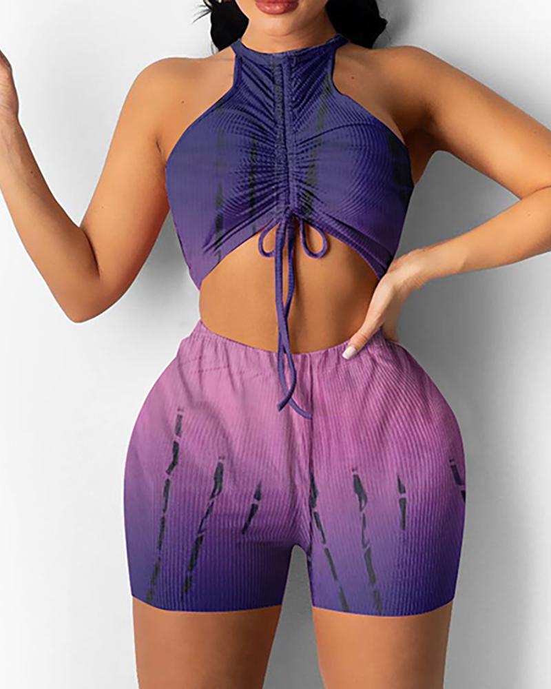 

Tie Dye Print Ruched Ribbed Top & Shorts Set, Purple