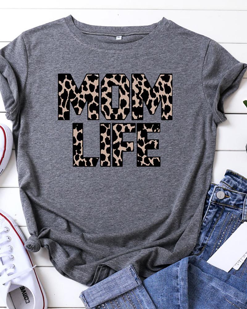 

Letter Cheetah Print Short Sleeve T-shirt, Gray