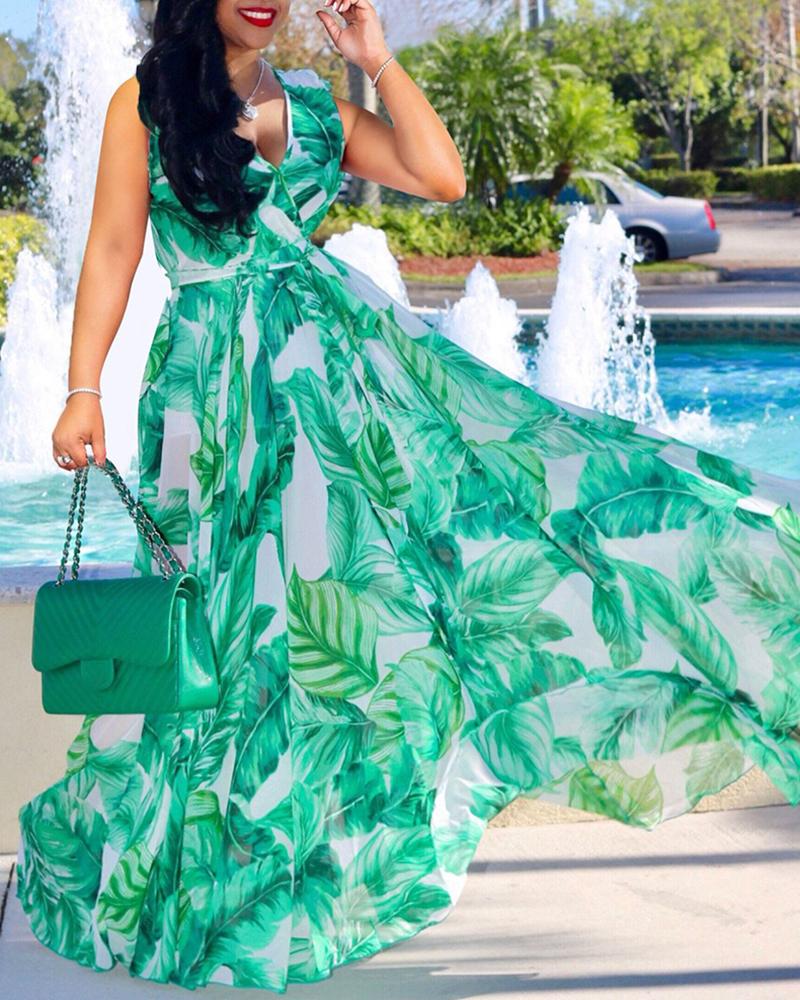 

V-neck Leaf Printed Long Dress, Green