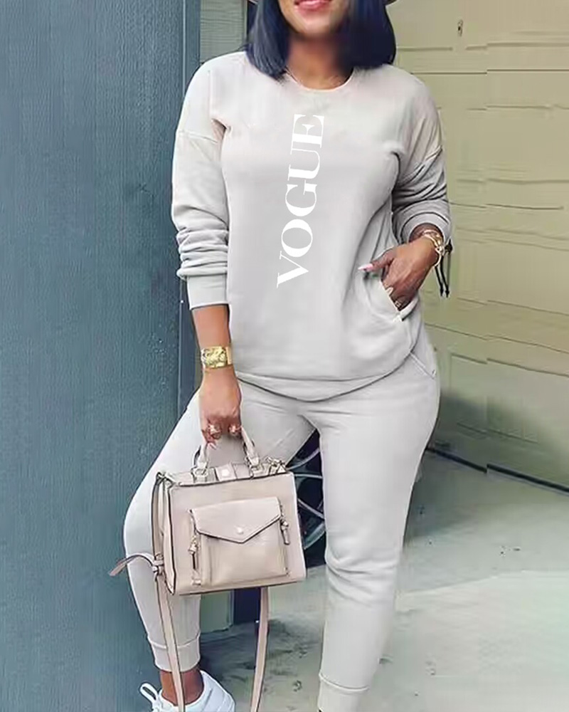 

Plus Size Letter Print Pocket Design Top & Pants Set, Light gray