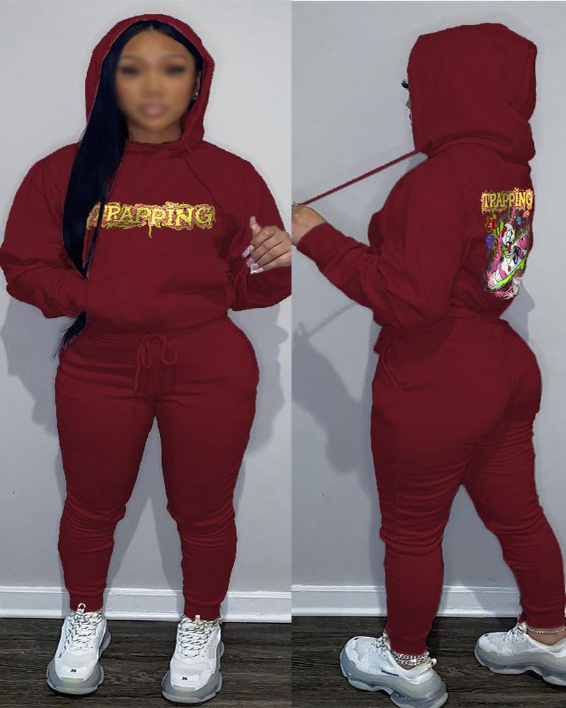 

Plus Size Letter Graphic Print Casual Hoodie & Pants Set, Wine red