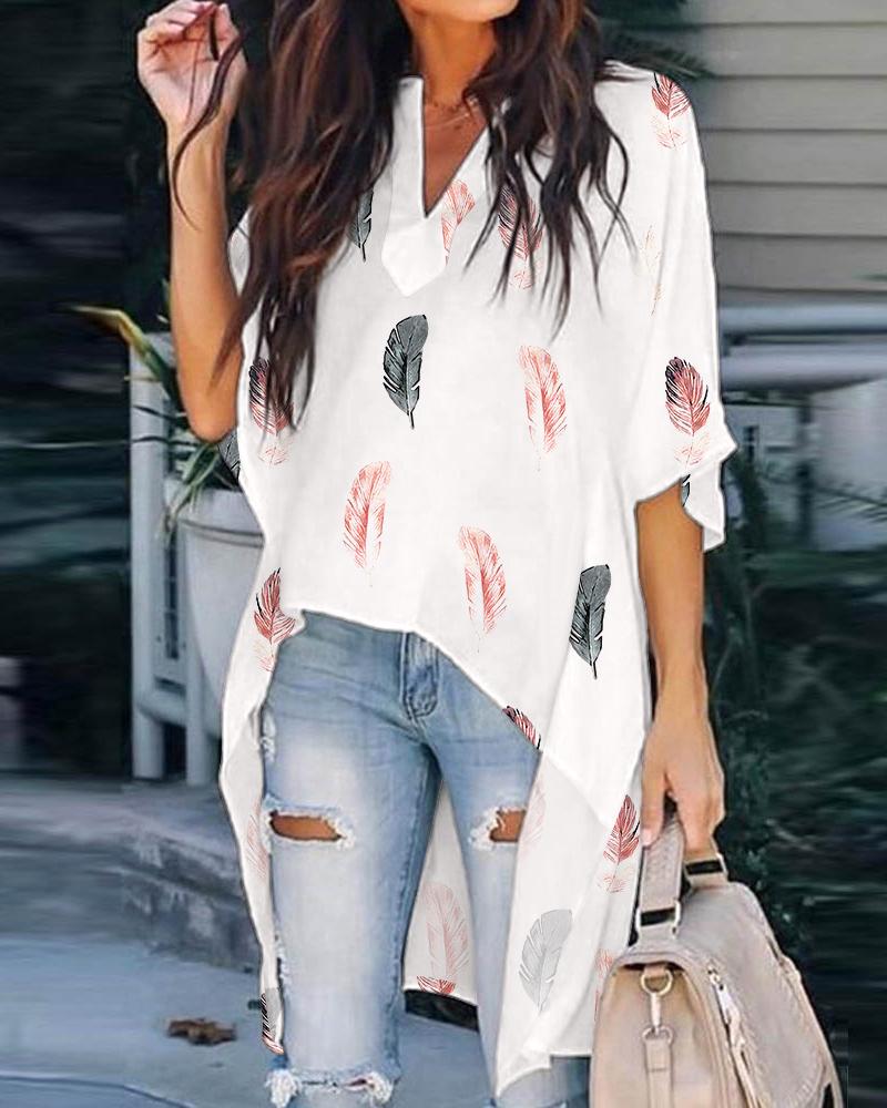 

Feather Print Batwing Sleeve High Low Hem Casual Top, White