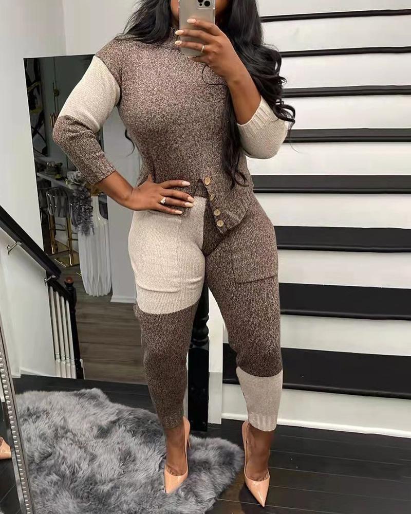 

Colorblock Long Sleeve Sweater & High Waist Pants Set, Coffee