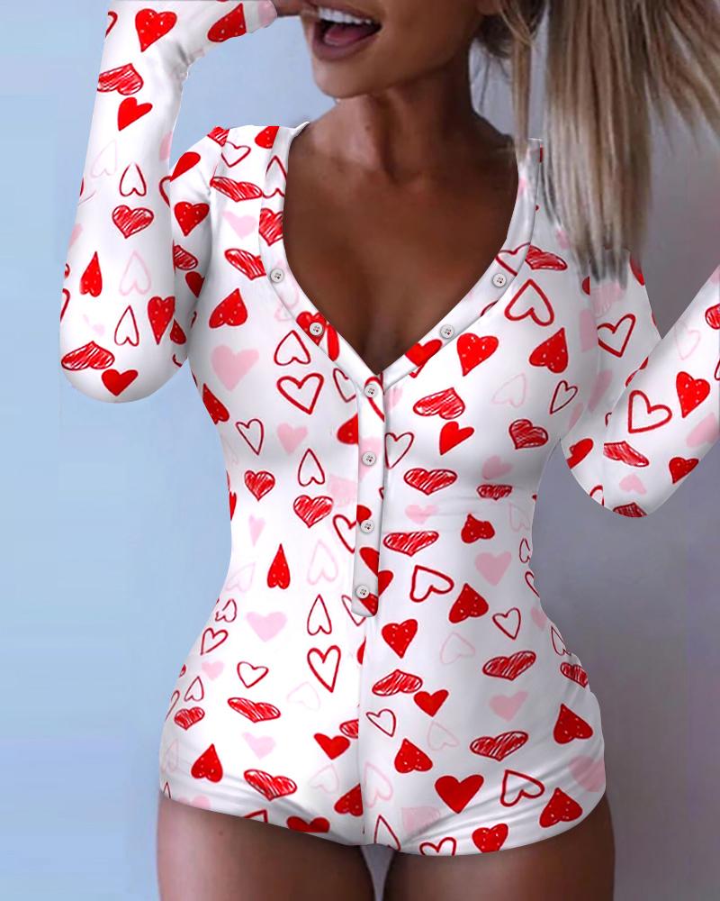 

Valentine's Day Heart Print Button Front Adult Onesie, White