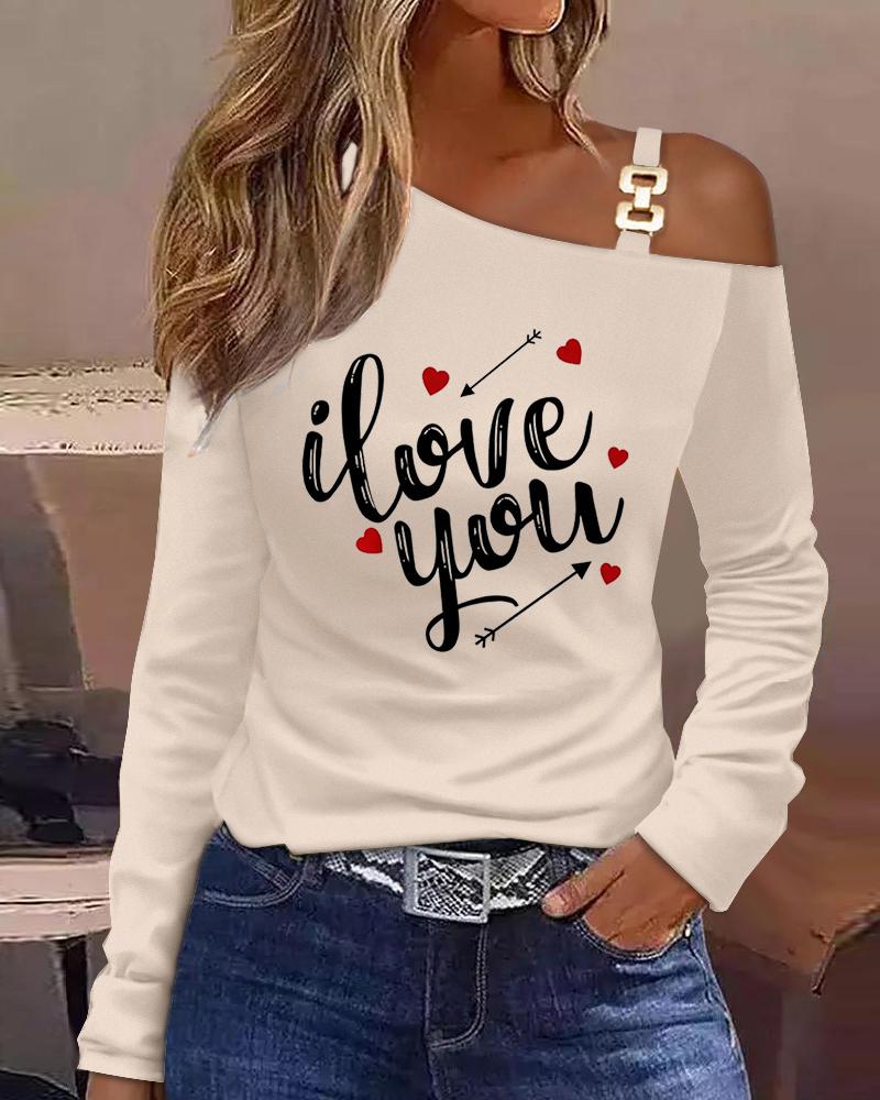 

Valentine' Day Letter Heart Print Cold Shoulder Top, Apricot