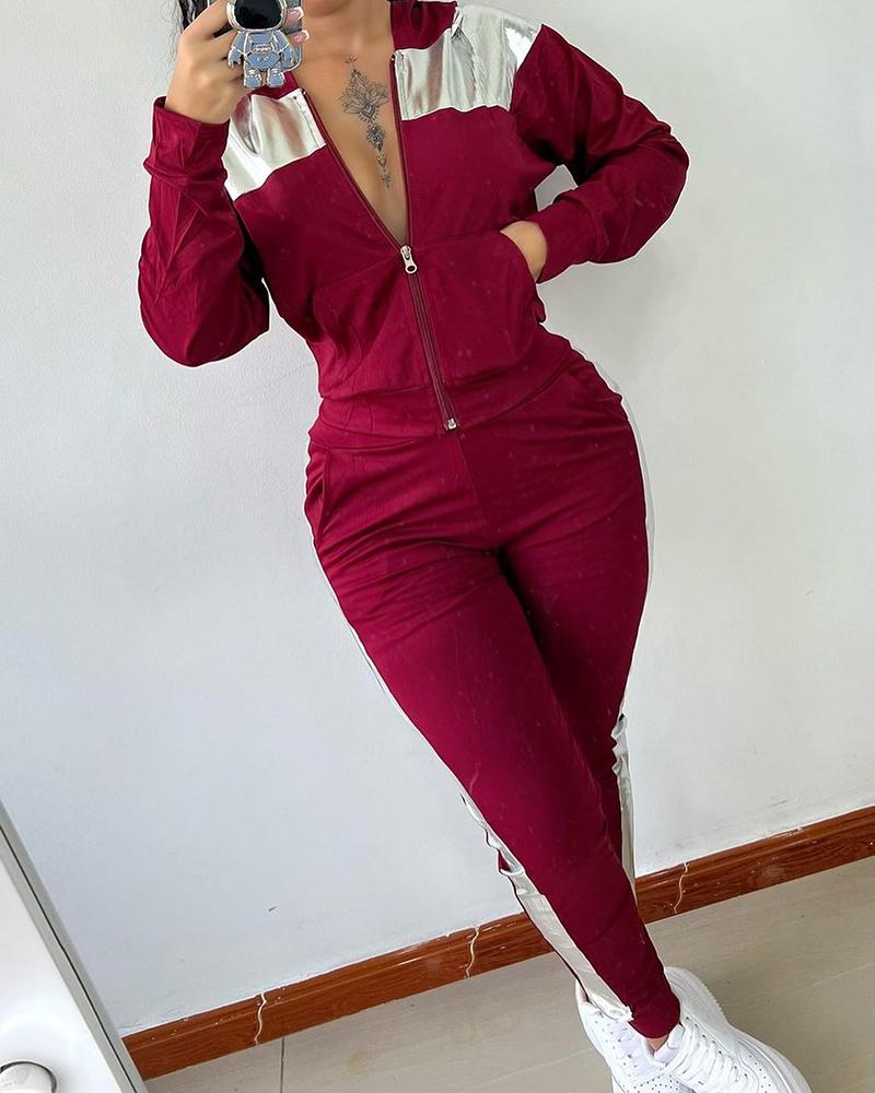 

Metallic Patchwork Zipper Design Hoodie & Cuffe Sweatpants Set, Red
