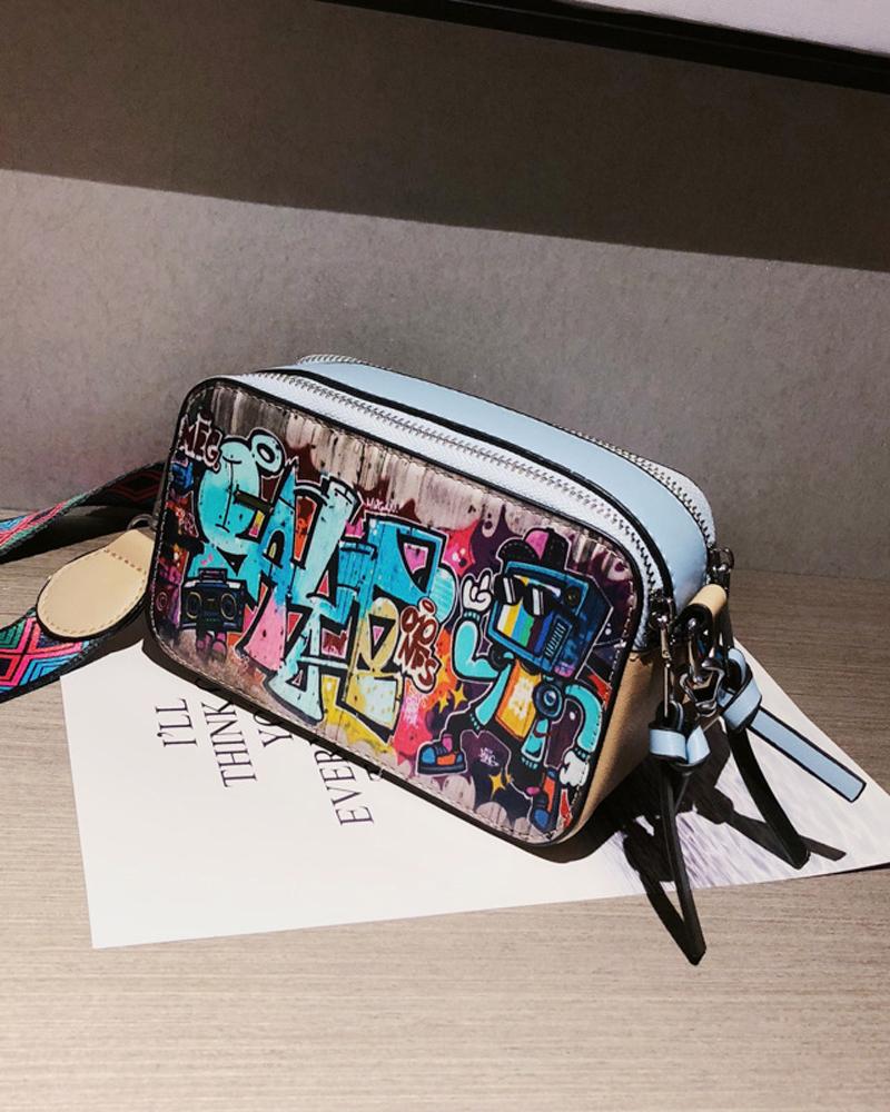 

Graffiti Print Crossbody Bag, Blue