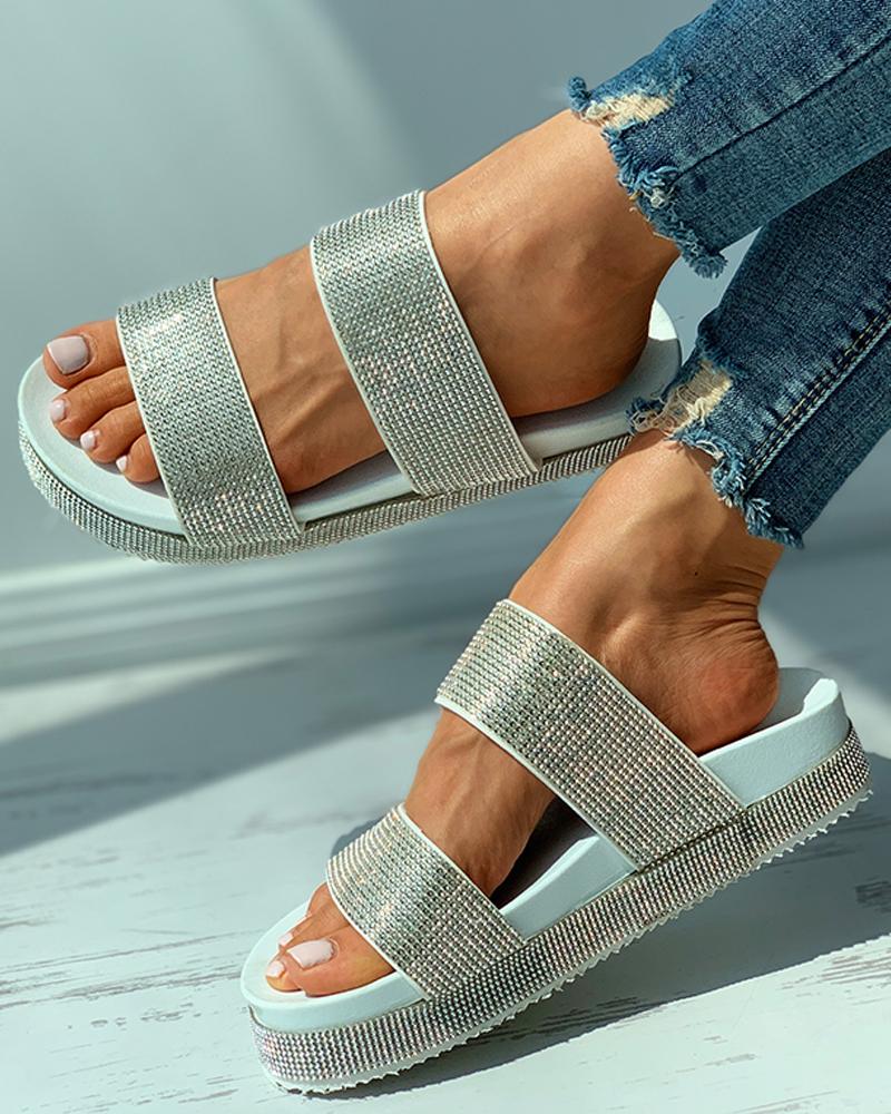 

Open Toe Rhinestone Platform Slide Slippers, White