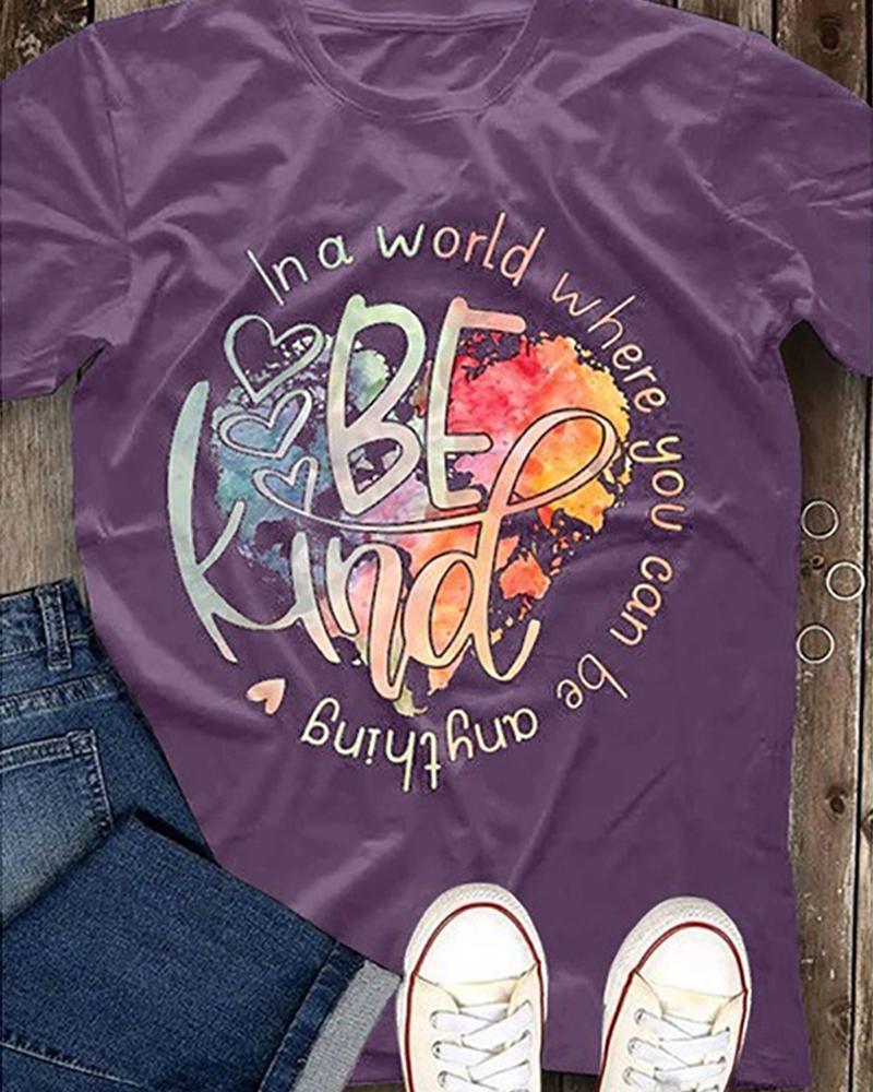 

Heart Letter Print Short Sleeve T-shirt, Purple