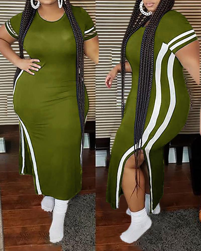 

Plus Size Striped Print Maxi Slit Dress, Army green