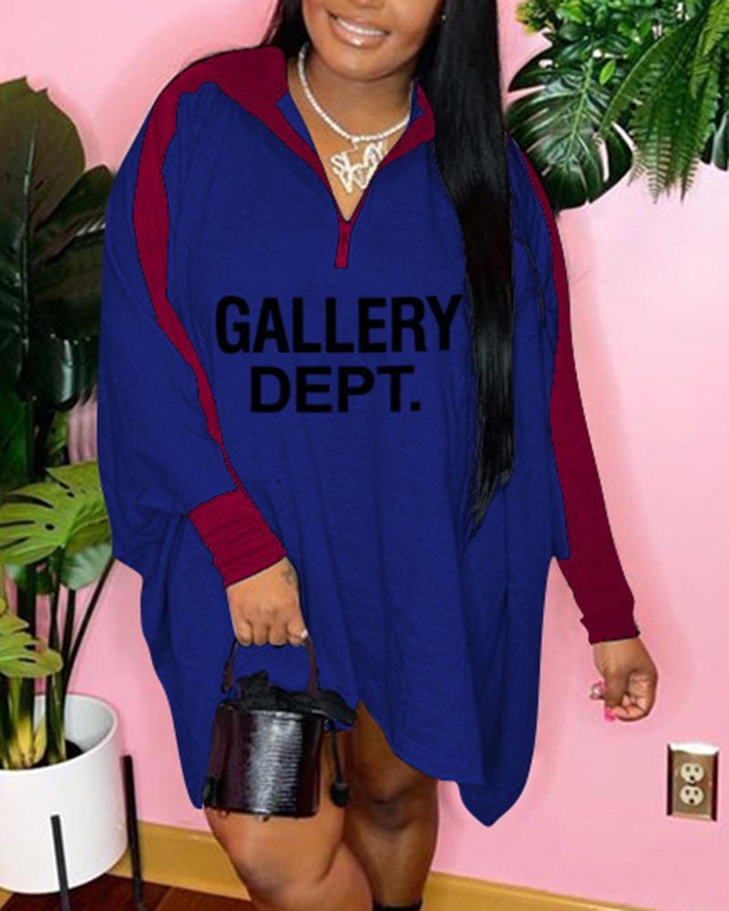 

Letter Print Zipper Design Casual Dress, Dark blue