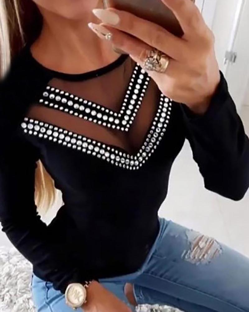 

Rhinestone Sheer Mesh Long Sleeve Top, Black