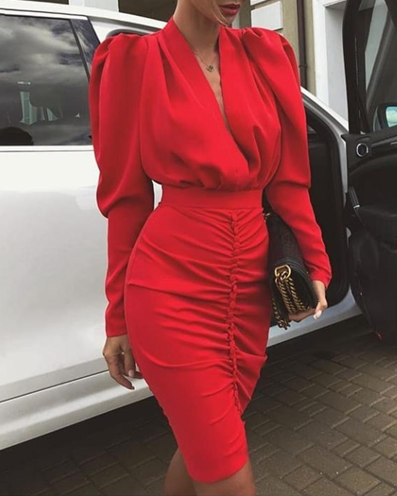 

Puff Sleeve Plunge Ruched Party Dress, Red