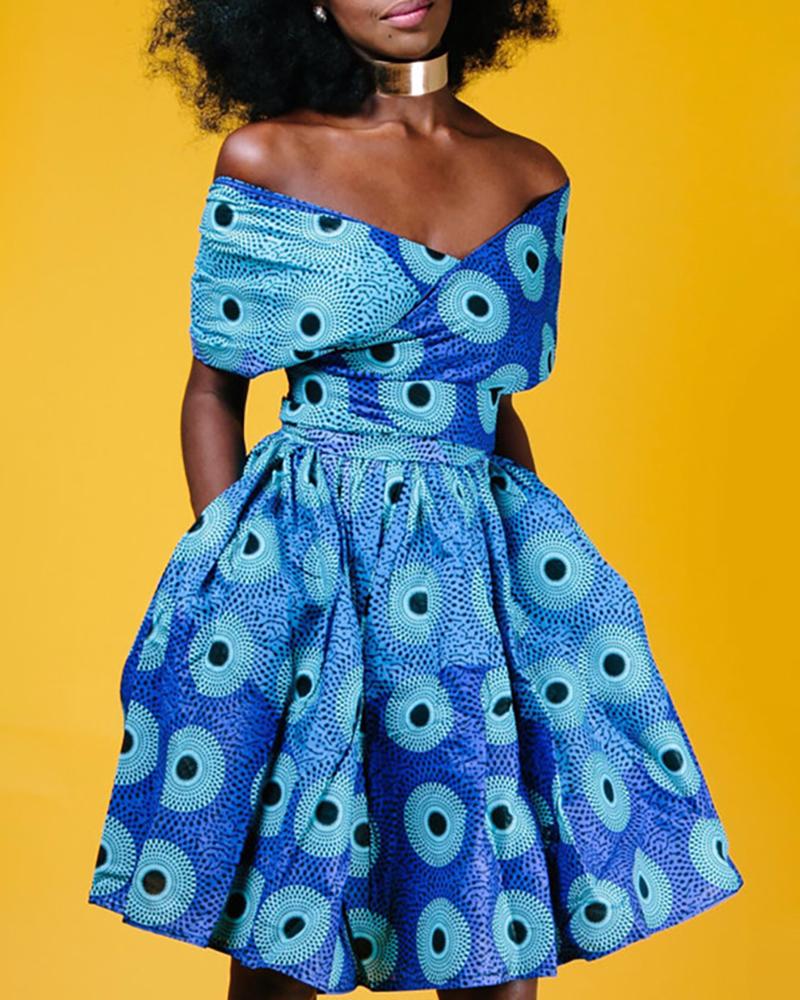 

Multi-way Print Tight Waist Sleeveless Pleated Dress, Blue