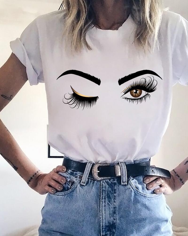 

Round Neck Eyes Print Casual T-shirt, White