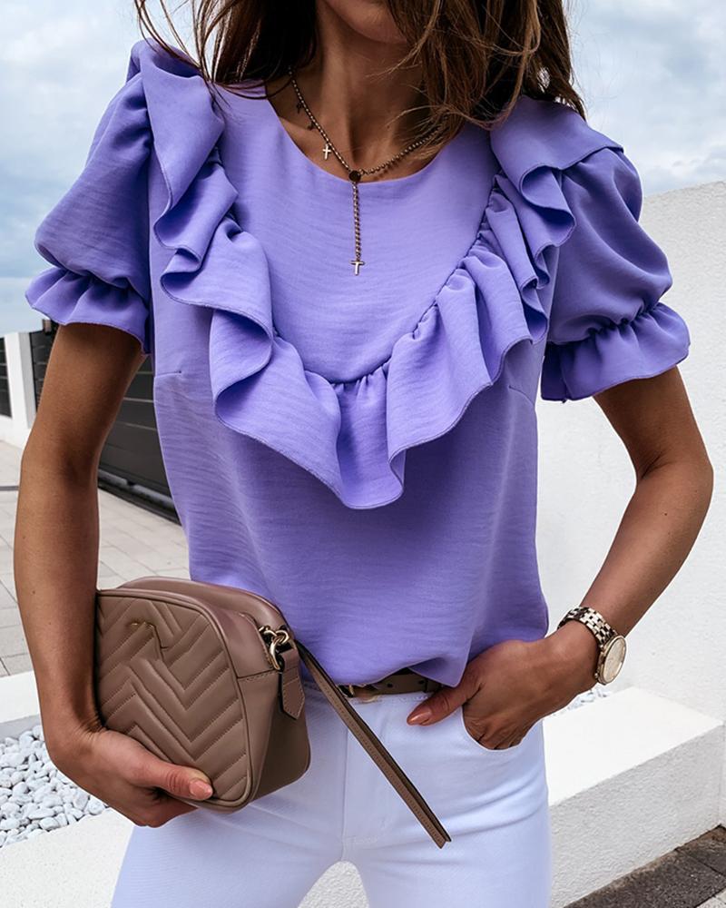 

Puffed Sleeve Ruffles Casual Blouse, Purple