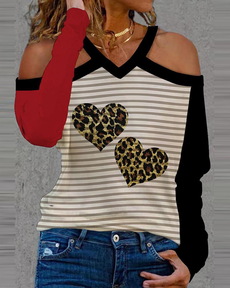 

Valentine' Day Striped Heart Print Colorblock Top, Yellow