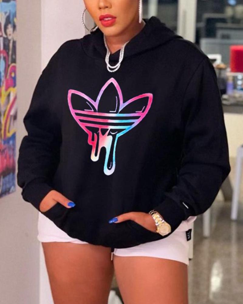 

Plus Size Graphic Print Long Sleeve Hoodie, Black