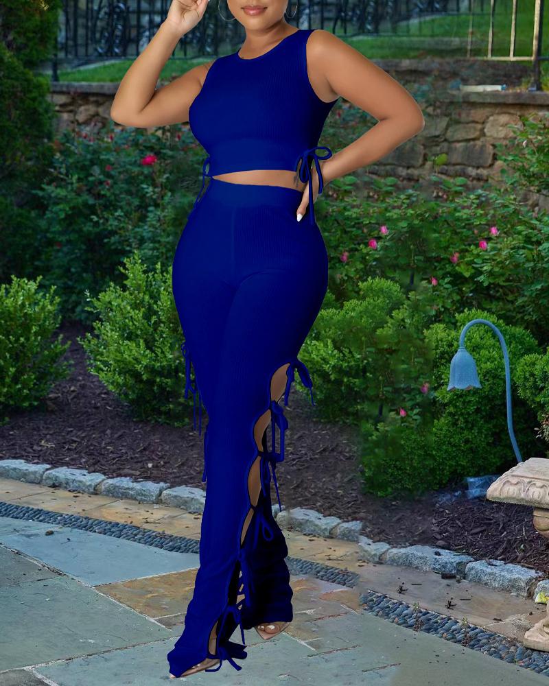 

Ribbed Tied Detail Crop Top & Cutout Pants Set, Blue