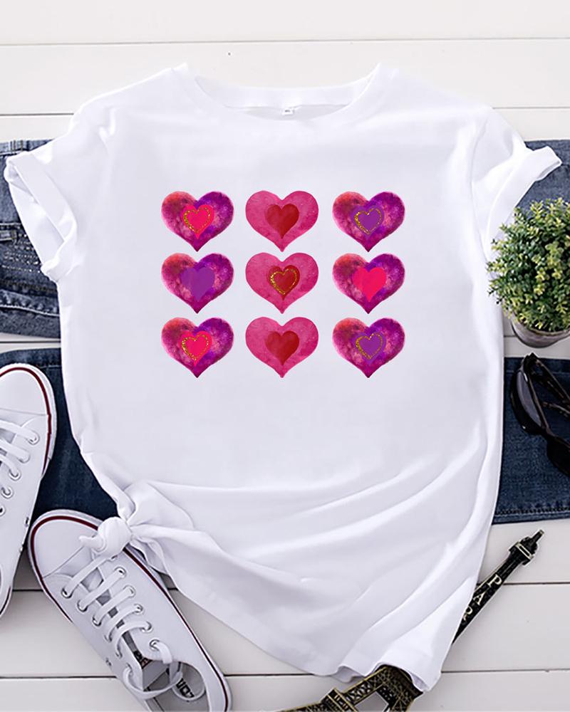 

Valentine' Day Heart Print Short Sleeve O-Neck Top, White