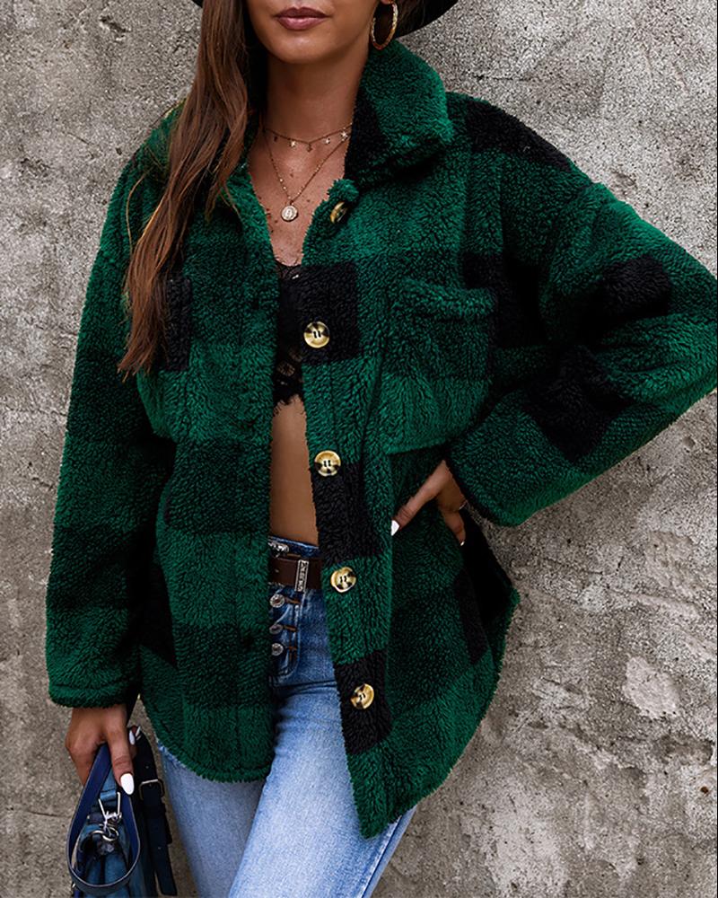 

Plaid Print Buttoned Pocket Design Teddy Coat, Green