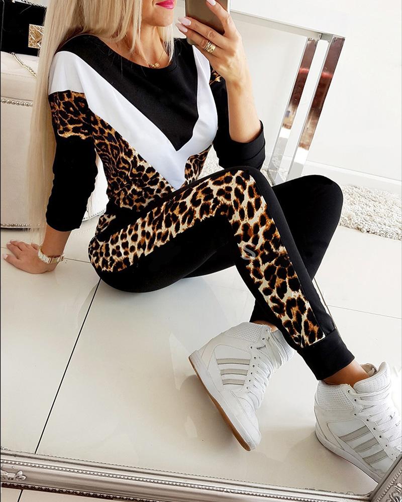 Conjuntos de top y pantalón Leopard Colorblock