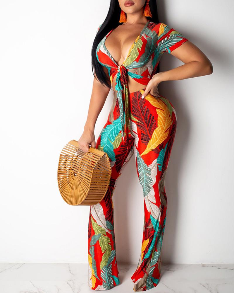 

Palm Leaf Print Knotted Top With Pants Set, Red