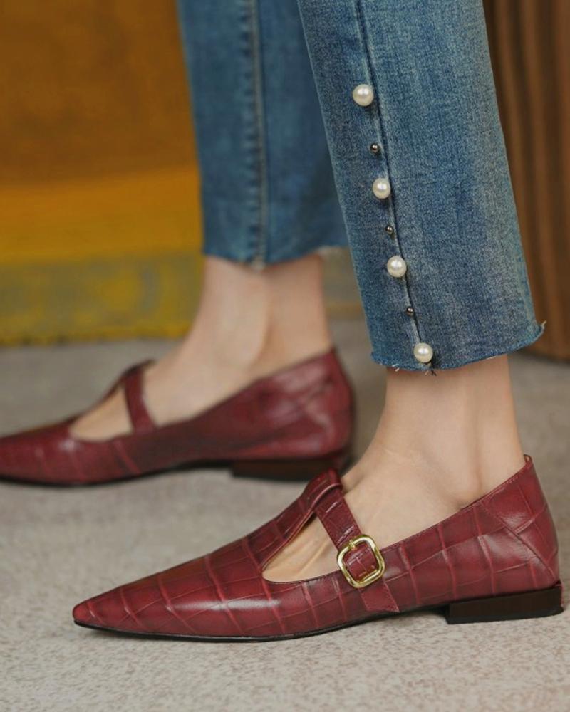 

Pointed Toe Crocodile Pattern T-band Slip-on Shoes, Brown