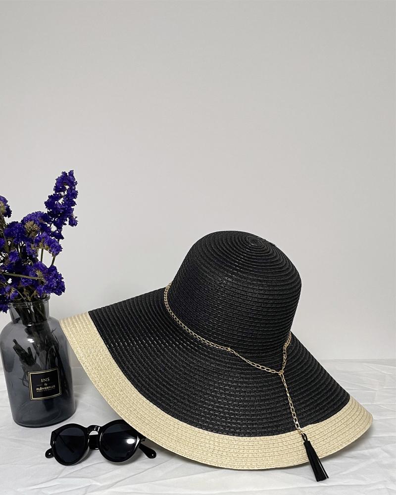 

Colorblock Chain Decor Straw Hat, Black