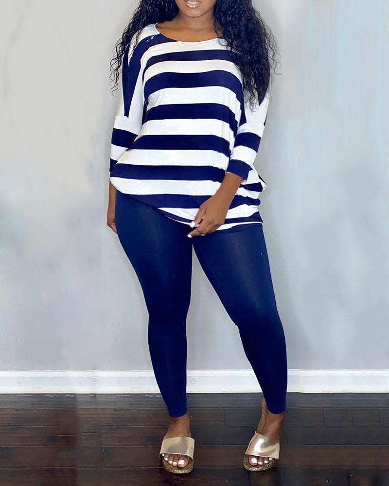 

Striped Print Pocket Design Top & Skinny Pants Set, Dark blue