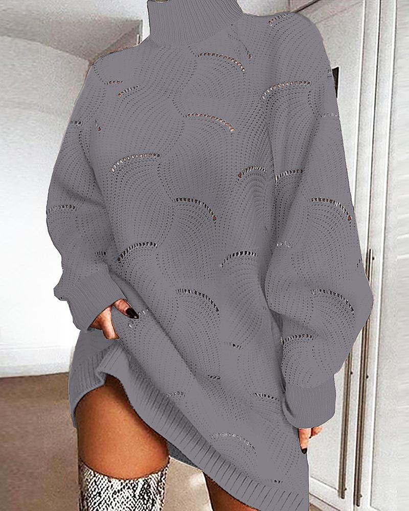 

High Neck Hollow-out Casual Sweater Dress, Gray