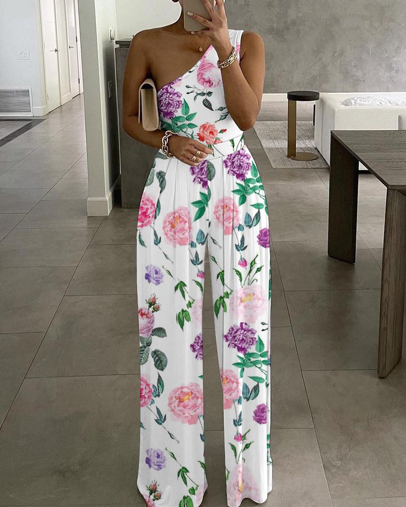 

Floral Print Slash Shoulder Casual Jumpsuit, White