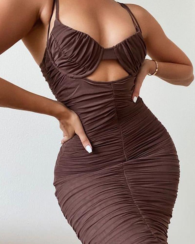 

Sleeveless Cutout Front Ruched Bodycon Dress, Brown