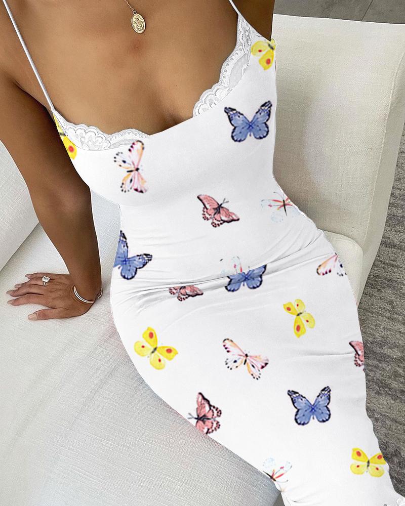 

Butterfly Print Lace Patch Sleeveless Skinny Dress, Multicolor