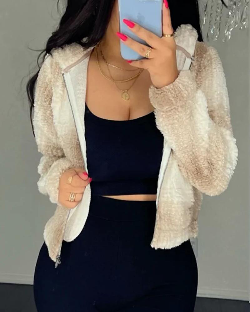 

Plaid Print Hooded Zip Up Teddy Coat, Apricot