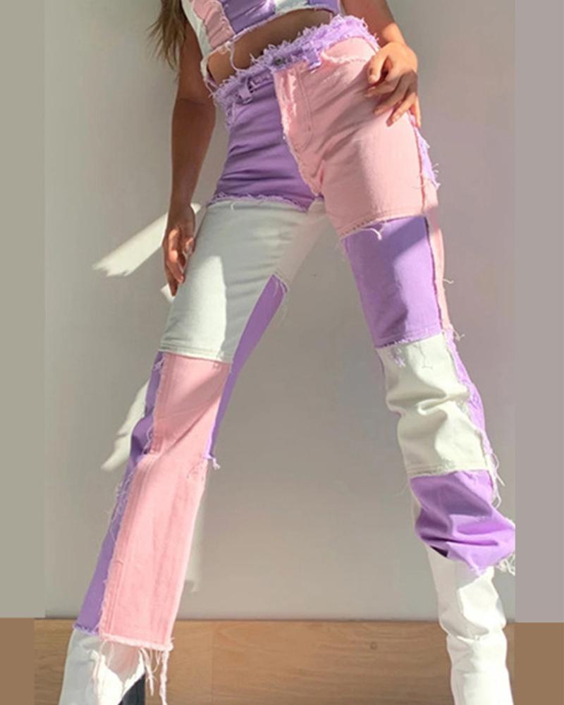 

Colorblock Patchwork Straight Leg Denim Pants, Pink