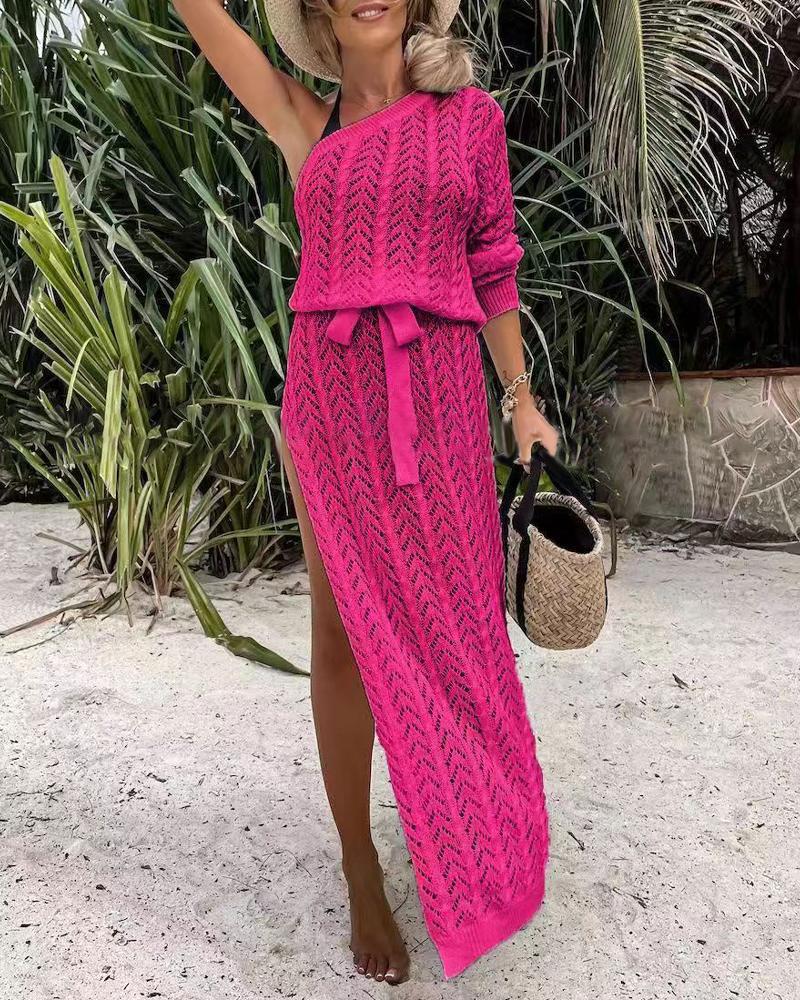 

One Shoulder High Slit Hollow Out Crochet Cover Up Beach Dress, Hot pink