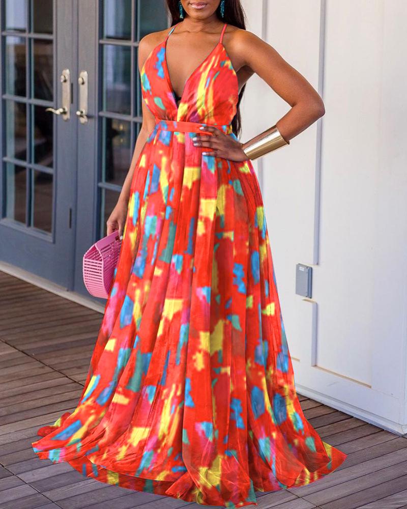 

Tie Dye Print Spaghetti Strap Mesh Prom Dress, Multicolor