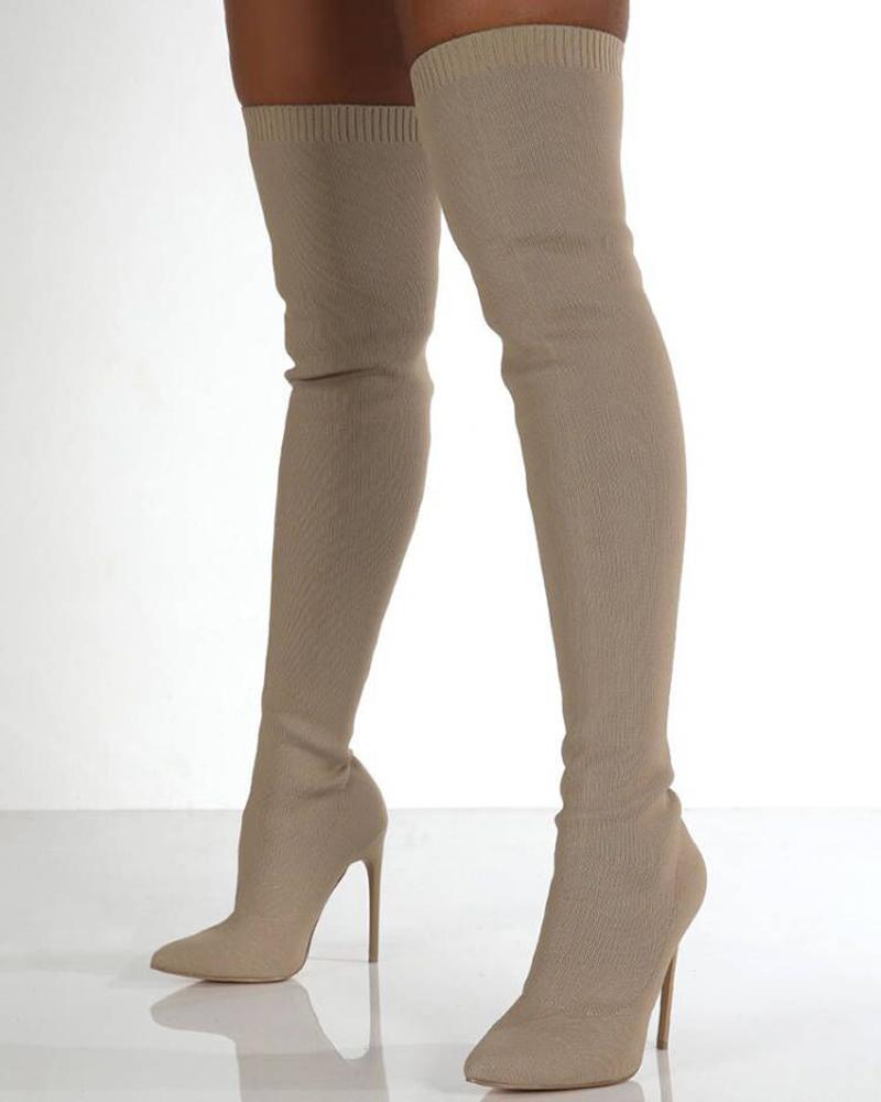 

Point Toe Knit Over The Knee Boots, Apricot