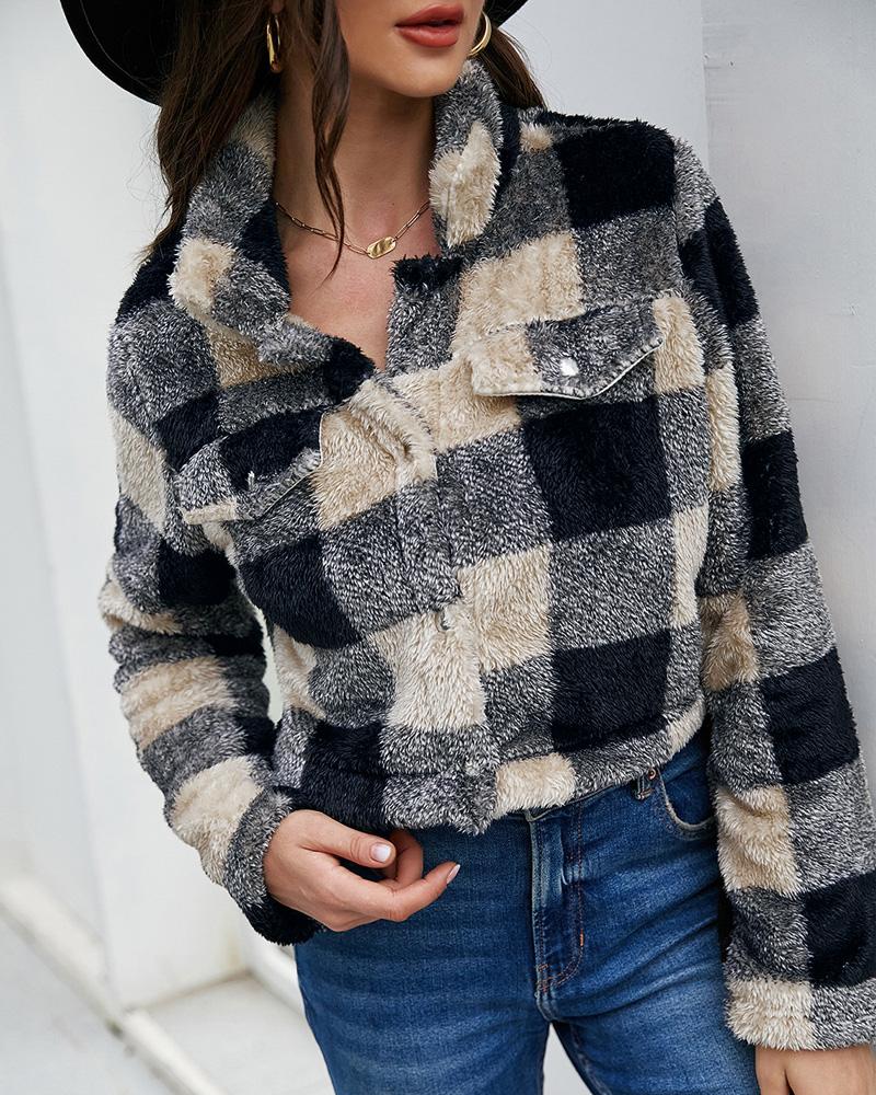 

Gingham Flap Detail Button Front Crop Fuzzy Coat, Brown