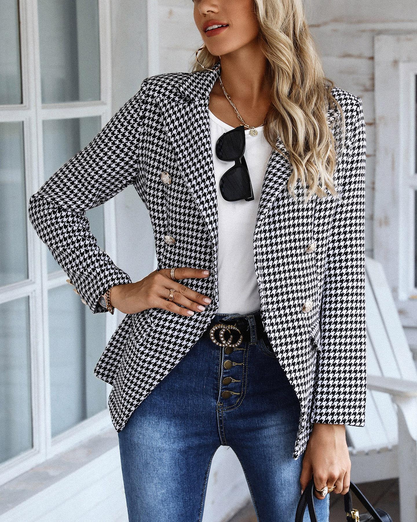 

Houndstooth Print Double Breasted Blazer Coat, White