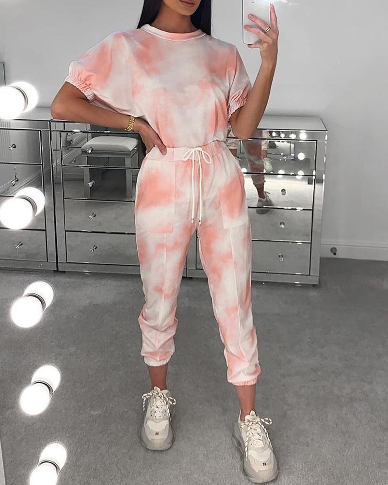 

Tie Dye Print Drawstring Top & Pants Set, Pink