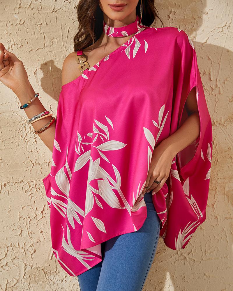 

Plants Print Chain Strap Cold Shoulder Top, Hot pink