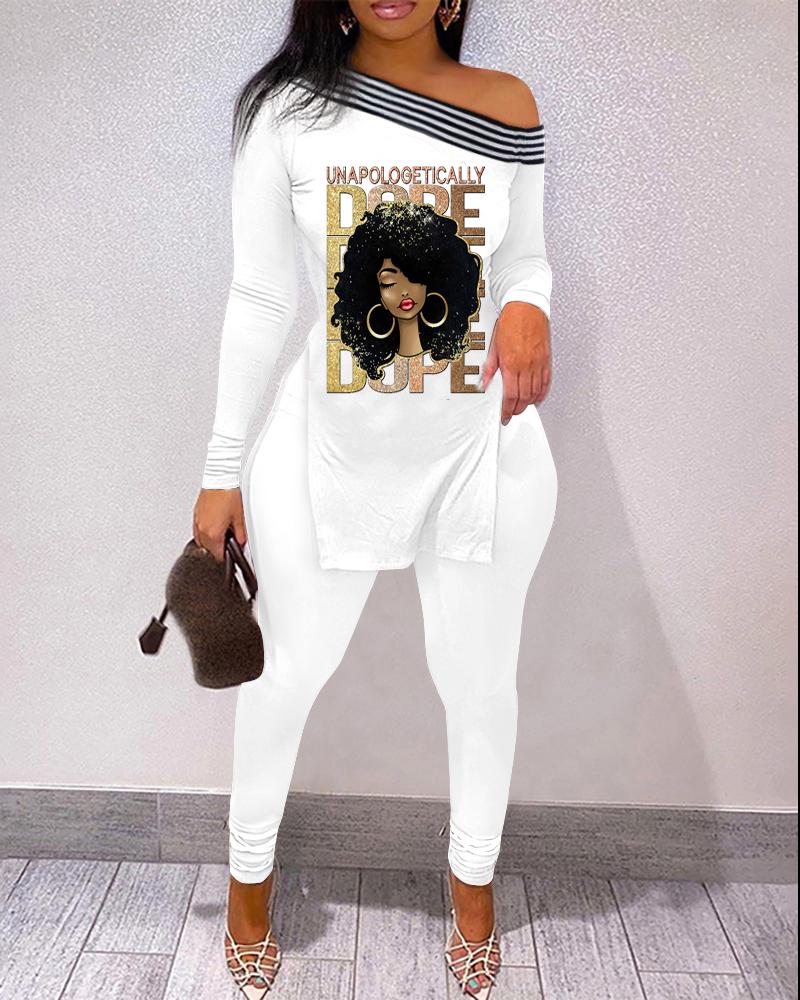 

Figure Letter Print Split Hem Long Sleeve Top & Pants Set, White