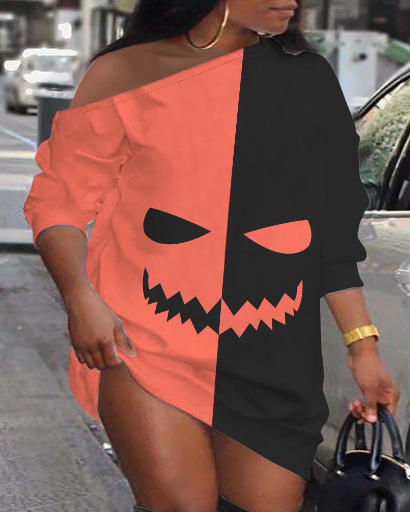 

Plus Size Halloween Scary Face Print Colorblock Casual Dress, Orange