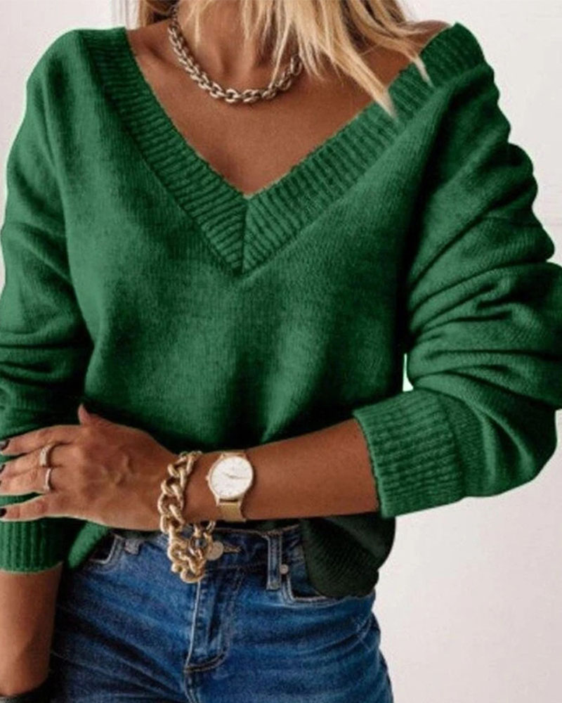 

Long Sleeve Drop Shoulder V-Neck Sweater, Green