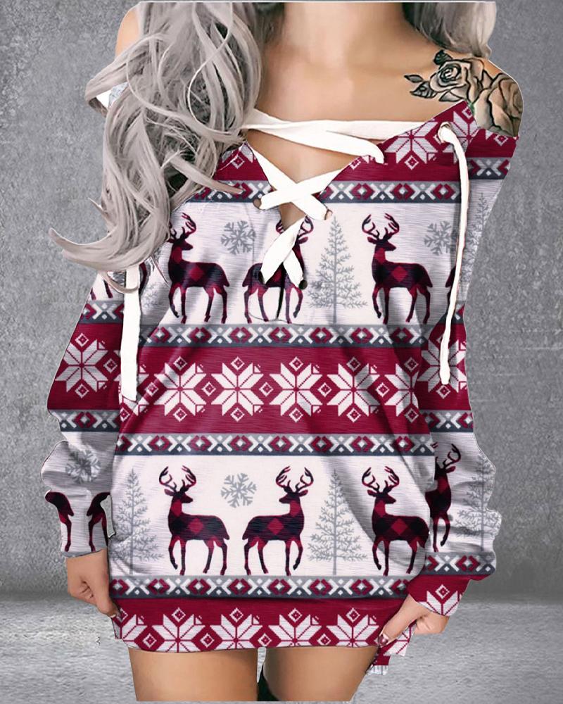 

Christmas Snowflake Elk Print Eyelet Lace-up Sweatshirt Dress, White