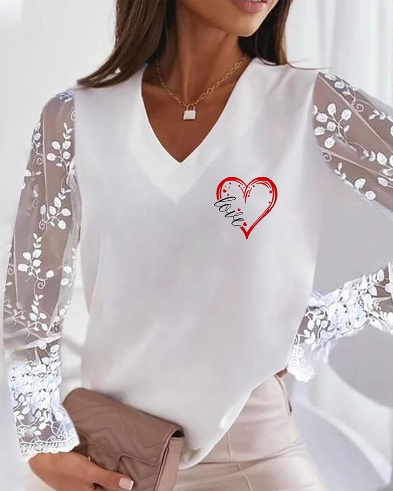 

Letter Heart Print Lace Long Sleeve Top, White