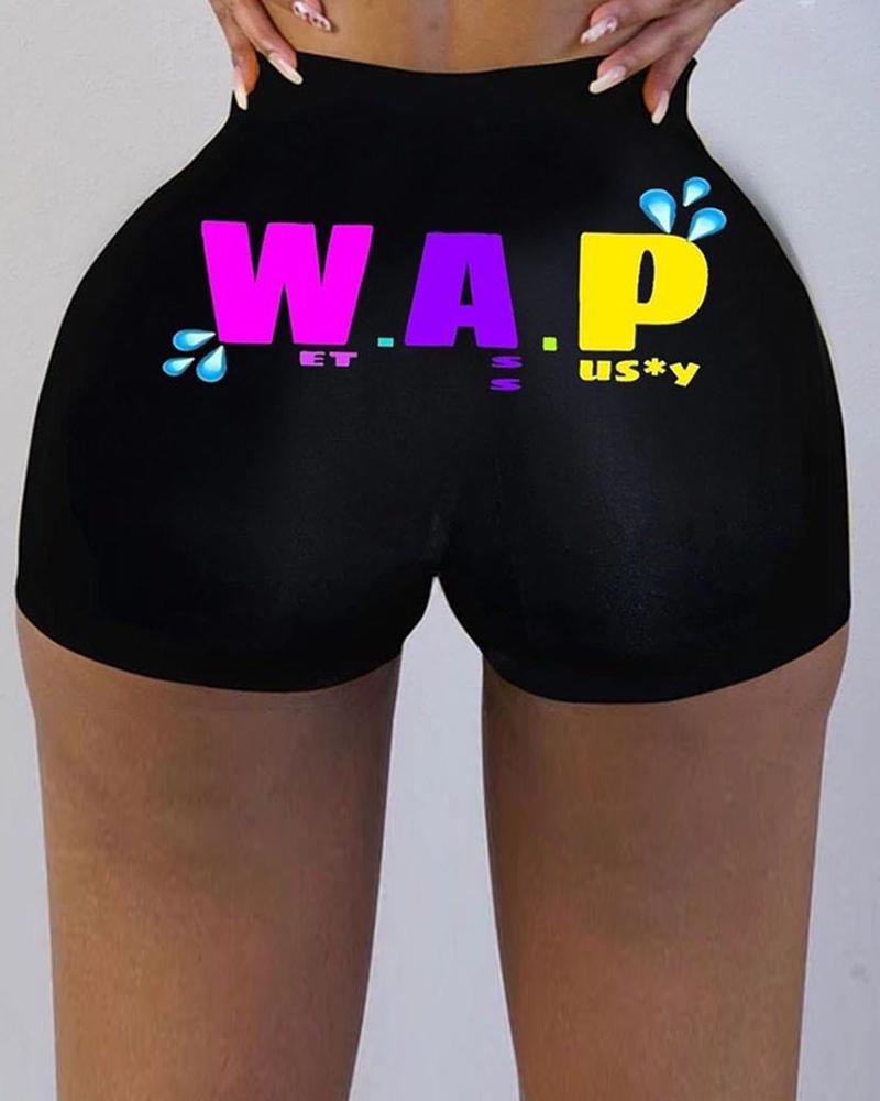 

Letter / Graphic / Cartoon Print High Waist Tummy Control Sporty Shorts, Multicolor